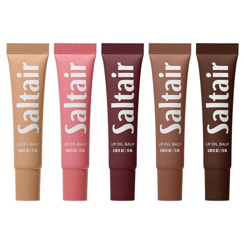 Saltair Hydrating Lip Oil Balm, Clear and Tinted Lip Gloss, Essentials Shades 5-Pack. Moisturizing Vegan Conditioning for Dry Cracked Lips with Glossy High-Shine Finish. Coconut Vanilla Flavor