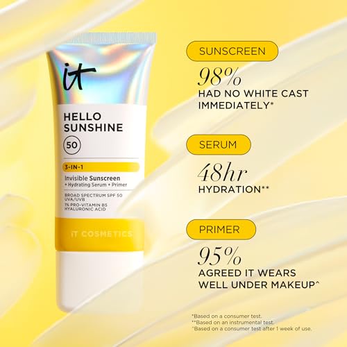 IT Cosmetics Hello Sunshine Invisible Sunscreen for Face SPF 50 - Sunscreen, Hydrating Serum & Makeup Primer - 1% Pro-Vitamin B5 & Hyaluronic Acid - HSA/FSA Eligible - No White Cast