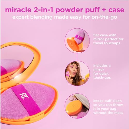 Real Techniques Miracle 2-In-1 Powder Puff + Travel Case, Dual-Sided Makeup Blending Puff, Elastic Band, Precision Makeup Sponge & Powder Puff, For Liquid, Cream & Powders, Travel Case, 2 Count