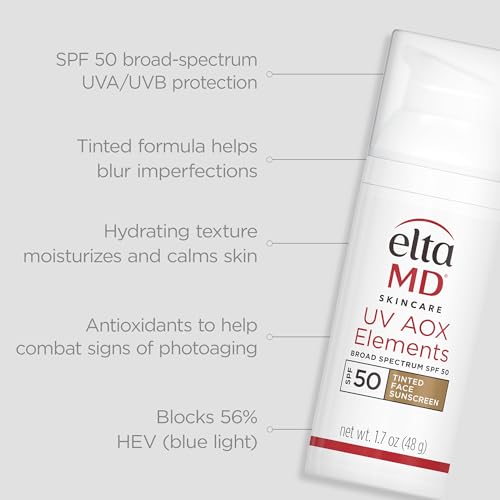 EltaMD UV AOX Elements Tinted Mineral Face Sunscreen Lotion, Tinted Moisturizer for Face SPF 50 with Antioxidants, For Dry Sensitive Skin 1.7 oz Pump