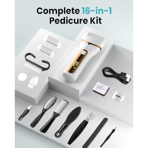PUBOO Foot Callus Remover Electric 10000 RPM 3-Speed IPX7 Rechargeable Pedicure Kit for Hard Skin Women & Men. Portable Multi-Roller File Grinder Sander Scrubber with LED Display for Wet & Dry Feet