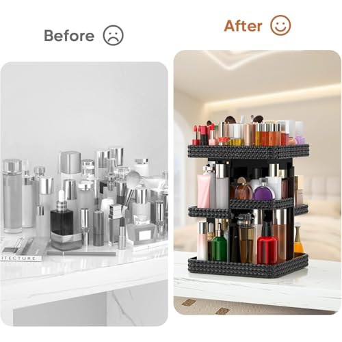 360 Rotating Makeup Organizer - Black Acrylic Makeup Storage for Vanity, Cosmetic Organizer with Lotion and Perfume Holder for Dresser
