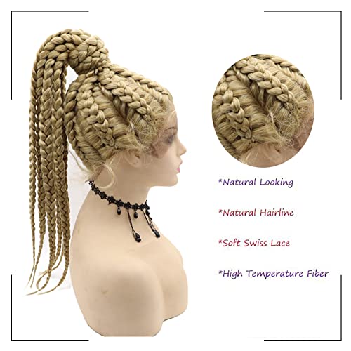 Blonde Braided Wig for Black Women Synthetic Fully Handmade 7 Box Braided Swiss Lace Wig with Baby Hair Heat Resistant High Ponytails Lightweight Braids Wig Party Makeup Costume