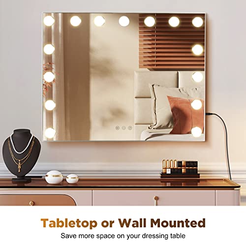 Hollywood Vanity Mirror with Lights, 15 Bulbs 23 x 18 Inch Makeup Mirror with USB Charging and 10x Magnification, Touchscreen 3 Lighting Modes