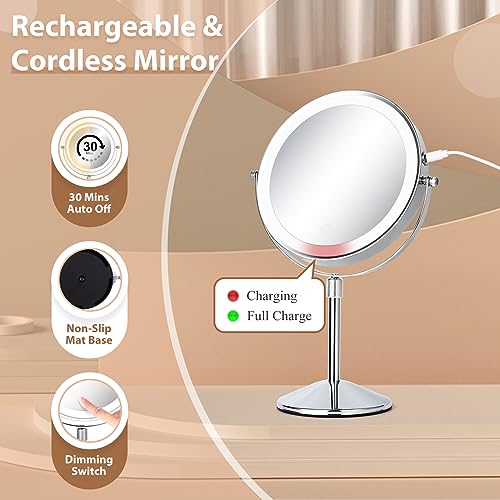 8" Lighted Makeup Mirror with Adjustable Height, 1X/10X Magnification, Rechargeable LED Vanity Mirror with 3 Color Modes, 360¡Æ Rotating Touch Screen, Magnifying Tabletop Cosmetic Mirror