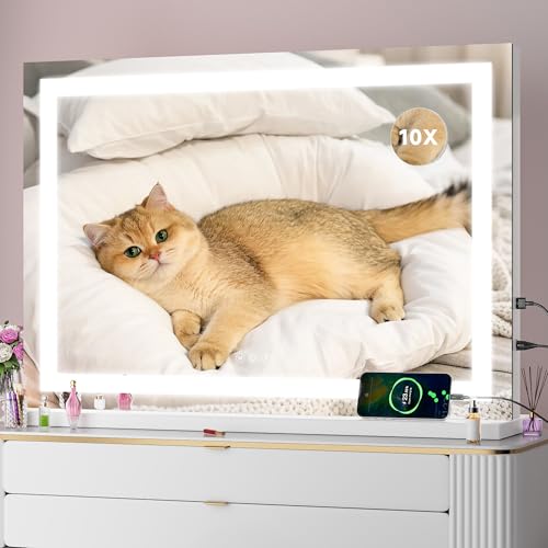 Vanity Mirror with Lights, 32" x 22" LED Makeup Mirror with 10X Magnification, Dimmable 3 Modes, Memory Function, Smart Touch, USB Charging Port, Lighted Makeup Mirror Square White