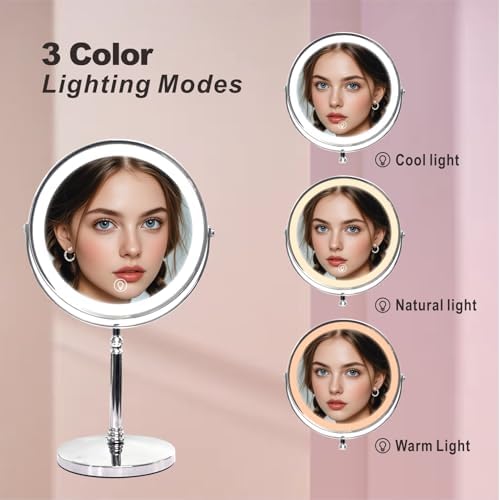Makeup Mirror with Lights £¬8 Inch 1X/10X Rechargeable Double Sided Magnifying , 360¡Æ Rotation LED HD Mirror with 3 Colors£¬Brightness Adjustable, Ideal for Daily Skincare and Professional Makeup