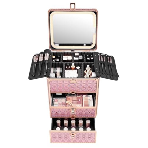 Makeup Box with Double Drawers and A Detachable Lighted Mirror, Waterproof Travel Train Case, Cosmetic Organizer and Makeup Suitcase with Adjustable Dividers, Magnetic LED Mirror (Sparkling Pink)