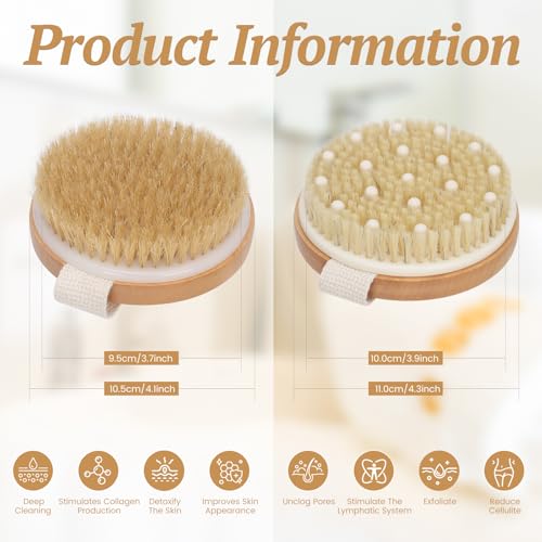 2-Pack Dry Body Brush - Dry Brushing Body Brush for Lymphatic Drainage & Exfoliating, Round Body Brush with Massage Nodes & Natural Bristles for Skin Care