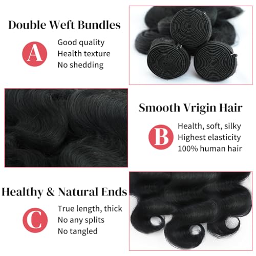 Body Wave Bundles Human Hair 28 30 32 Inch 12A Grade 100% Unprocessed Brazilian Virgin 3 Bundles Human Hair Natural Black