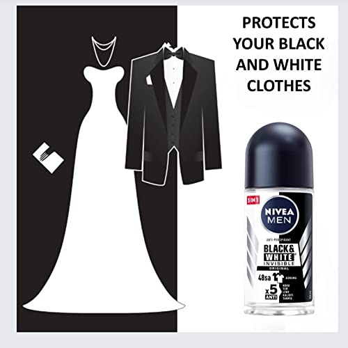 Nivea BLACK WHITE ORIGINAL, ROLL-ON ? FREE ALCOHOL, ANTIPERSPIRANT DEODORANT, 48 HOURS PROTECTION, 1.7 OZ (Pack of 6), 50.0 milliliters