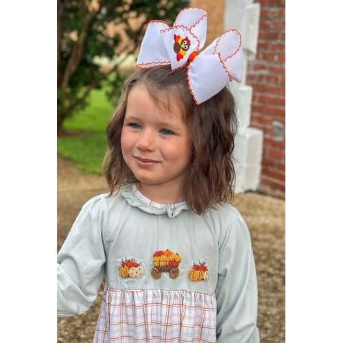 Wee Ones Girls' Toddler Thanksgiving Harvest and Farm-themed Grosgrain Hair Bows in Fall Prints or Moonstitch Embroidery on WeeStay no-slip clip, King, Turkey