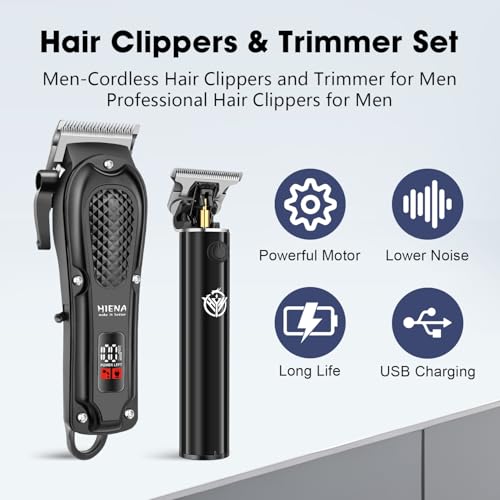 HIENA PRO Professional Hair Clippers and Trimmers Set for Men Cordless Barber Kit Hair Cutting Kit Rechargeable Clipper Set for Barbers with LED Display, Gifts for Men, (Black)