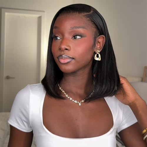 WOWANGEL 180% Density 5x5 Short Bob True Glueless SKINLIKE Real HD Lace Closure Wig, Seamless Wear and Go Wigs Pre Plucked Invisible Knots Natural Hairline No Glue Wigs 14 Inch