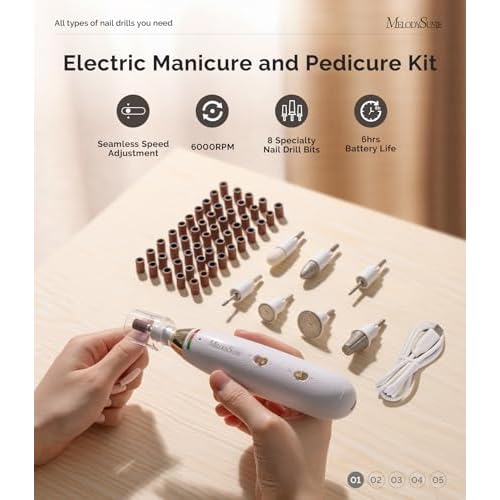 MelodySusie Professional Manicure Pedicure Kit, Cordless 8-in-1 Electric Nail Drill with 20 Speeds, Rechargeable E-File for Thick Nails & Cuticles, Ideal Foot Care for Women Men-PC650E (White Gold)
