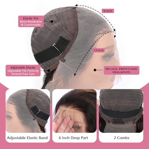 30Inch Ombre Highlight Lace Front Wig Human Hair 13x6 Body Wave Lace Front Human Hair Wigs Colored 1B/30 Brown Lace Frontal Wigs for Women Pre Plucked 180% Density Highlight Wig