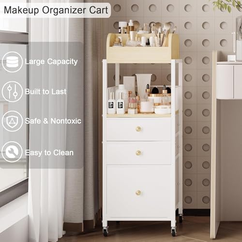 Makeup Organizer Cart with Drawers, Make up Organizers for Vanity, Floor Skincare Organizers- for Cosmetics, Nail Polish, Art Supply, Bathroom Vanity Desktop Organizer (White)