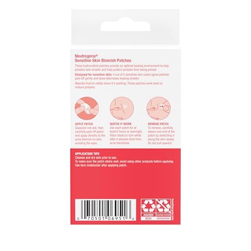 Neutrogena Sensitive Skin Blemish Patches, Acne Patches for Sensitive Skin, Hydrocolloid Treatment Visibly Shrinks Pimples Overnight, 2 Sizes, 30 Count