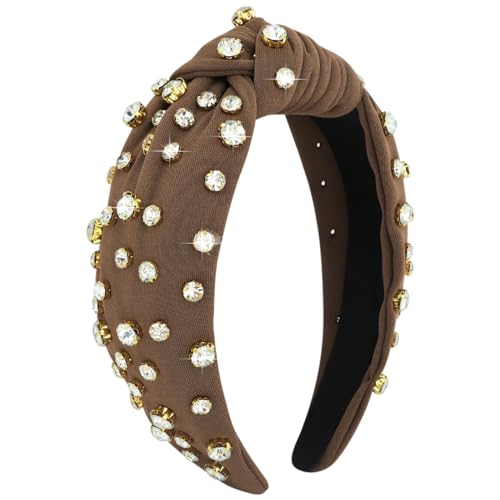 AMCAMI Brown Knotted Headband Rhinestone Jeweled Sparkly Headband for Women Girls Teacher Knot Beaded Crystal Headband Thick Dressy Headbands Hair Accessories for Women Girls