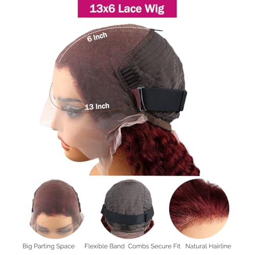 30 Inch Burgundy Wig Human Hair 99j Curly Human Hair Wig 13x6 Deep Wave Lace Front Wigs Human Hair Red Wine Transparent HD Lace Frontal Wig Pre Plucked Curly Human Hair Wig Triple Lifespan