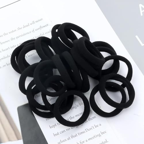 100PCS Black Soft Seamless Cotton Hair Ties for Women and Girls, Thick/Thin Hair Ponytail Holders, No Crease No Damage Elastics (1.6 Inch Diameter)