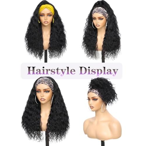 VITALITY Headband Wig Human Hair 24 Inch Italian Wavy Headband Wig 180% None Lace Front Wig With Drawstring Wigs Curly Machine Made Wigs Glueless Wigs for Black Women Natural Black