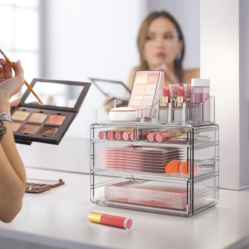 Delamu 4-Tier Clear Makeup Organizer with Drawer, Stackable Acrylic Cosmetic Storage for Bathroom Vanity, Dresser Countertop, Make Up and Jewelry Storage, Beauty Holder for Lipstick Brush Skincare