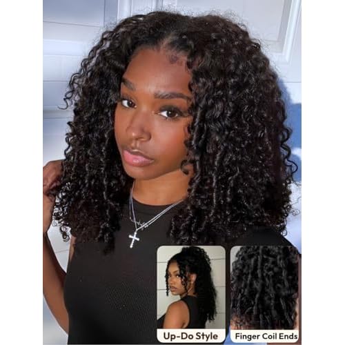 UNICE Curly Human Hair Wig with Finger Coil Ends Bye Bye Knots 7x5 Lace Glueless Wigs Human Hair Pre Plucked Pre Cut Bleached Knots Natural Hairline 150% Density 18 inch