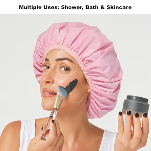 2 Pack Shower Caps for Women, Reusable Waterproof Shower Cap with Elastic Band, Thickened Waterproof Fabric Shower Bonnet for Braids, Long Hair (Pink and Green)