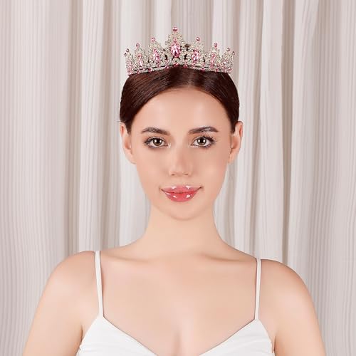 Tiara for Women, Crown and Tiara for Girl Princess, Bride Wedding Happy Birthday Halloween Cosplay Hair Accessories Decorations (Gold Pink)