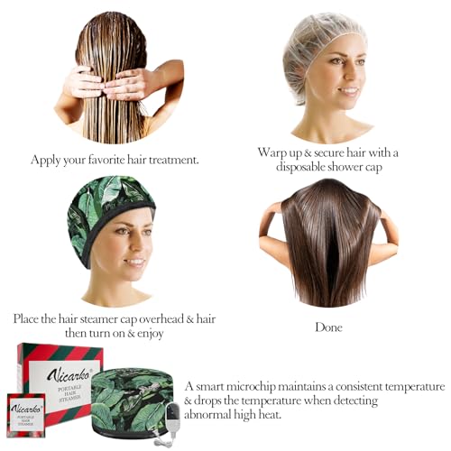 VICARKO Hair Steamer for Deep Conditioning, 10-Level Heats Up Quickly, 118¡± Power Cord, Heating Cap Hot Oil Treatment Heat, Electric Thermal Heated Steam for Natural Black Hair, Leaf Print