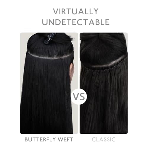 WENNALIFE Butterfly Weft Hair Extensions Human Hair 20 Inch 120g Jet Black£¬Sew in Hair Extensions Real Human Hair Add Volume and Length Genius Invisible Reusable Straight Extensions De Cabello Humano