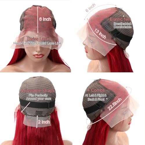 LICHANG 99J Straight Lace Front Wigs Human Hair Red Colored Wig Pre Plucked with Baby Hair for Black Women, 13x6 Burgundy Lace Frontal Wig Brazilian Virgin Human Hair Glueless 28 Inch