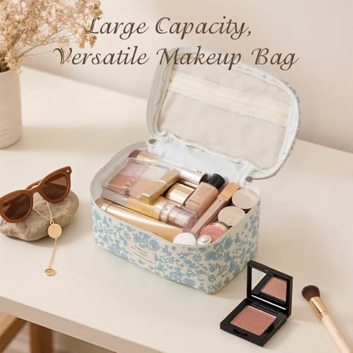 Large Makeup Bag, Cute Cosmetic Bag for Women Girls Floral Coquette Aesthetic Toiletry Bag Travel Make Up Organizer Bag (Blue)