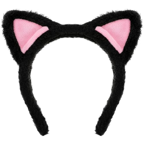 Cat Ears Headbands, Plush Soft Cute Washing Face Head band Fuzzy Kitten Makeup Hair Headbands for Mask Skincare Spa Yoga Halloween Parties Cosplay (Black)