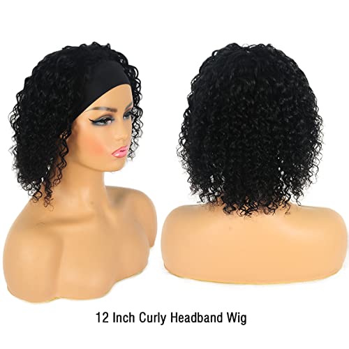 Short Curly Headband Wigs Human Hair Wig for Black Women, Glueless Kinky Curly Weave Wigs 100% Unprocessed Hair None Lace Front Wigs Color 1B 150% Density (14", 1B, Curly)