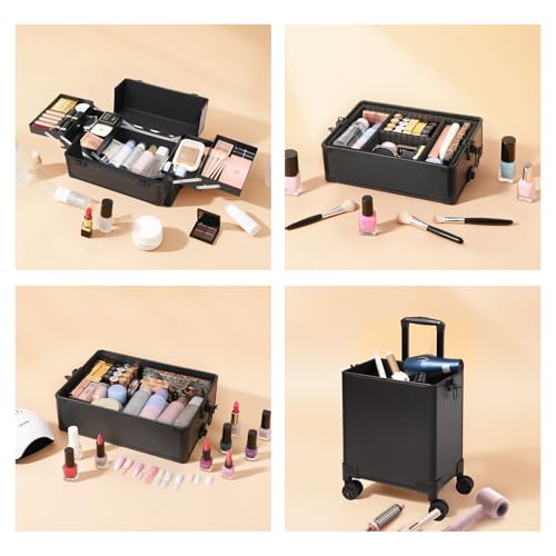 Professional Rolling Makeup Case, Cosmetology Case on Wheels 4 in 1 Large Cosmetic Train Case, Ideal Gift for Hairstylist, Nail Techs, Portable Beauty Organizer for Travel or Salon Use,Black