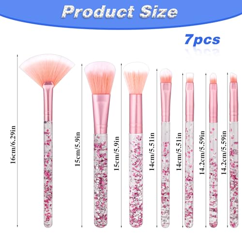 7 PCS Makeup Brushes, Crystal Sparkles Cute Fan Blush Foundation Powder Lip Highlight Eye Shadow Eyebrow Concealers Brush Set with Sequins Handle Professional Make up Blending Brush Pack for Girls
