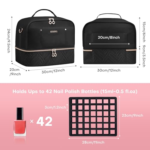 Leudes Nail Polish Organizer and Storage Holder 42 Bottles&Manicure Kit &Nail Lamp,Nail Stuff Bag Organizer Travel Case for Nail Tech Supplies Accessories Manicure Tools (Black)