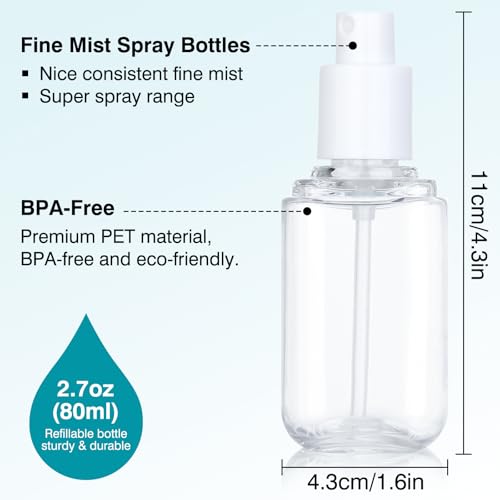 Travel Spray Bottle 3 Pack 2.7oz/80ml Portable Plastic Small Spray Bottles Refillable Mini Spray Bottle Empty Fine Mist Spray Bottles for Makeup Removers, Perfume, Essential Oils Toners Rose Waters