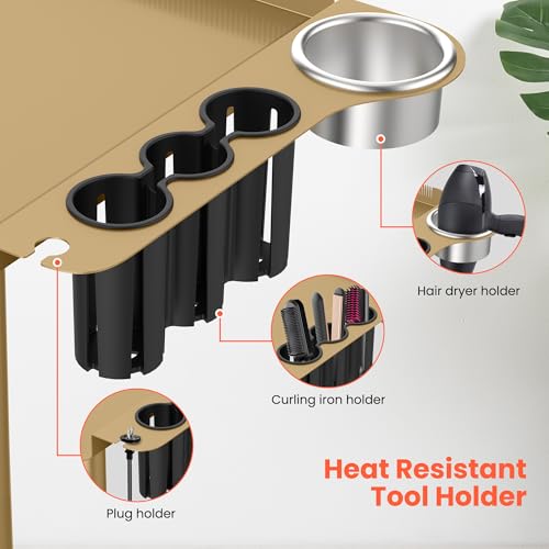 TASALON Gold Salon Tray on Wheels ? Salon Rolling Tray Set with Magnetic Hair Dye Bowl, Heat-Resistant Tool Rack, Hair Extension Holder for Styling, Rolling Tool Cart & Hair Salon Station Organizer