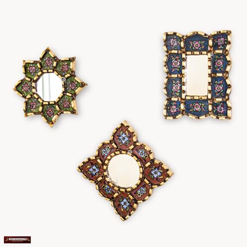Peruvian Mirror Set of 3 ? Handmade Painted Glass Mirror Wall Decor in Green, Red and Blue