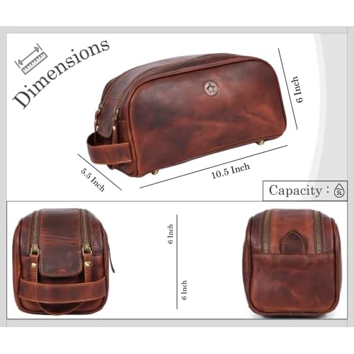 Leather Toiletry Bag for Men | Grooming Travel Kit | With Waterproof Lining | By Aaron Leather (Dark Brown)