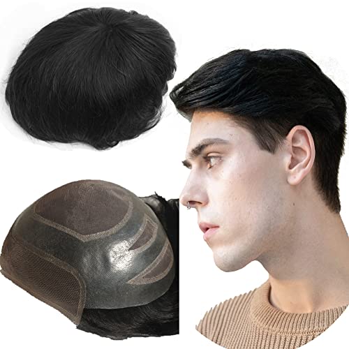 Toupee for Men 8X10 Men Straight Hair Pieces Mens FPM Toupee Hair Replacement System 100% European Real Human Lace Hairsystem Fine Lace Front and top with PU #1 Jet Black