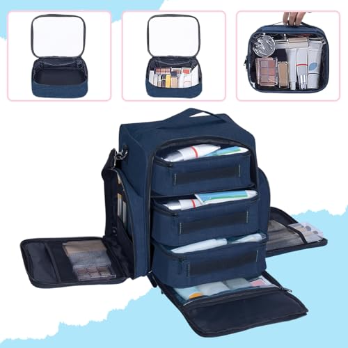 Large Makeup Bag Cosmetic Case Organizer with 3 Inner Removable Pouches Multifunctional Travel Train Storage,Blue