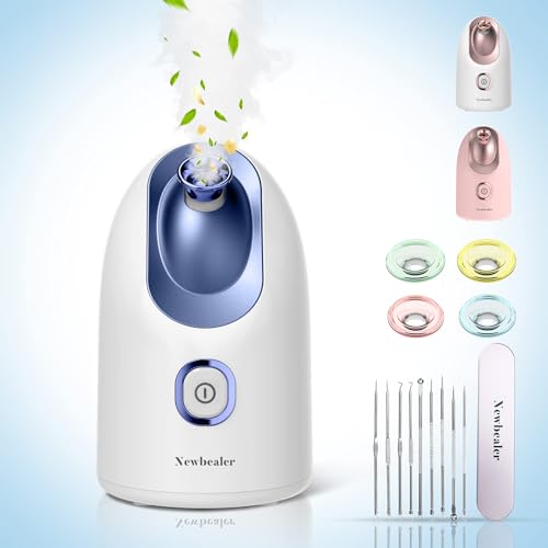 Newbealer Facial Steamer, Mini Aroma Face Steamer, Nano Ionic Hot Mist Face Humidifier for Facial Deep Cleaning, Home Sauna Spa Sprayer with 9 Pieces Acne Remover Kit (Blue, 160ml)