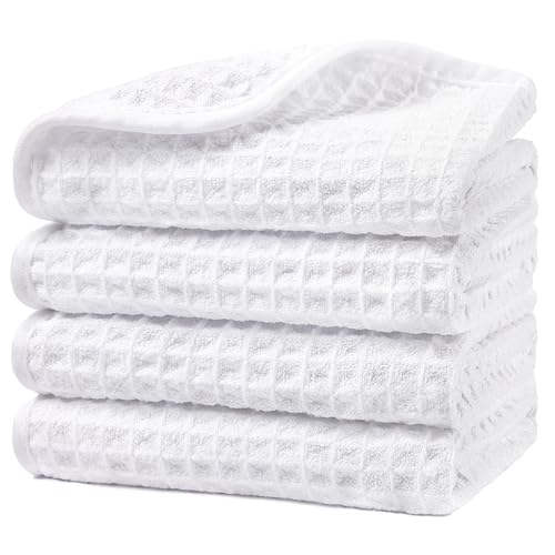 HOMEXCEL White Waffle Washcloths 4 Pack, Microfiber Face Towels for Bathroom, Lint Free, Highly Absorbent and Quick Dry Wash Cloths for Bathroom, Hotel, Spa, Gym, and Kitchen, Face Cloth, 12x12 Inch