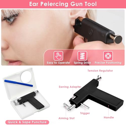 Professional Ear Piercing Gun Kit, Reusable Piercing Gun with Stainless Steel Piercing Earrings Studs, Crystal Earrings for At Home Salon Earlobe Cartilage Helix Tragus Piercing Tool Kit