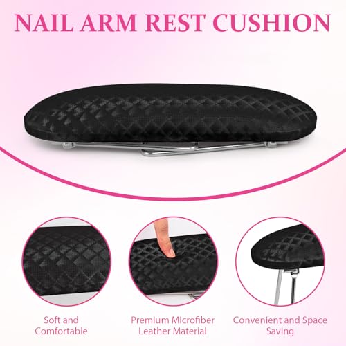AORAEM Nail Arm Rest, Foldable Leather Nail Arm Rest with Non-slip Sleeve, Internal Sponge Filled Arm Rest Pillow with Metal Bracket, Nail Hand Rest for Home Use and Nail Salon Use (Black)