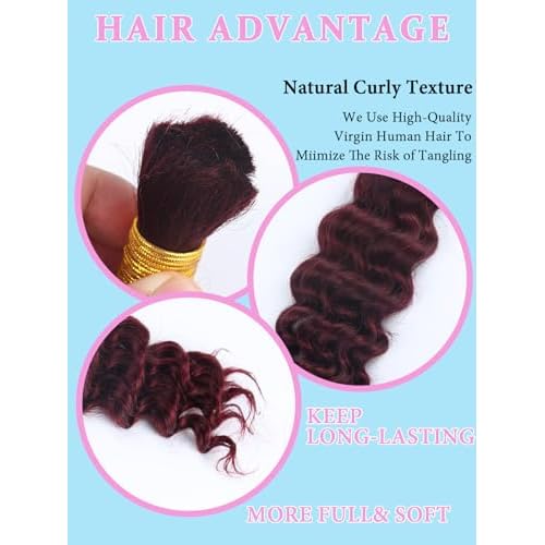 Burgundy Human Braiding Hair for Boho Braids 2 Bundles 20 Inch 100g 99J Deep Water Wave Bulk Human Hair for Braiding Wet and Wavy Curly Bundles No Weft Micro Braiding Hair Human Hair Extensions